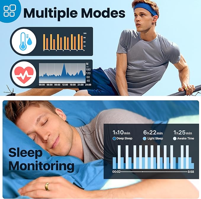 Smart Ring Health Tracker - 24/7 Fitness & Sleep Tracking with Heart Rate Monitor, IP68 Waterproof Activity Tracker for Men/Women, 50+ Workout Modes, 7-Day Battery