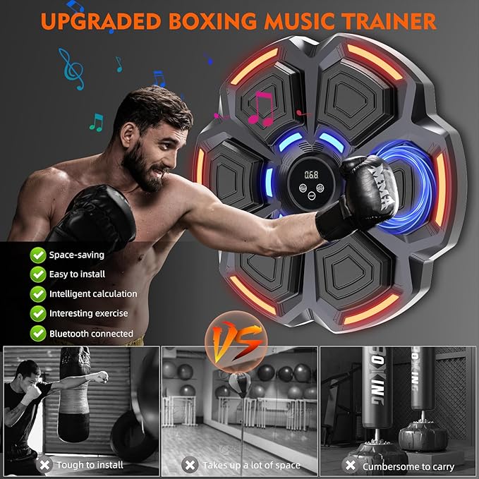 snawowo Music Boxing Machine for Adults - 9 Modes & 9 Speeds, Bluetooth Music Punching Machine with Gloves, Electronic LED Boxing Training Equipment Wall Mounted, Home Indoor Workout Trainer Equipment