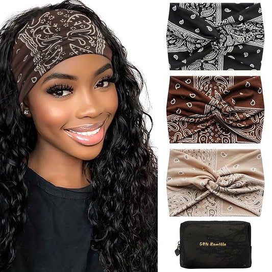 S&N Remille Wide Headbands for Women, Large Hairband, Elastic Non-Slip Headband Twist Knotted Accessories, Yoga Workout Vintage Hair 3 Pack (Colour-10)