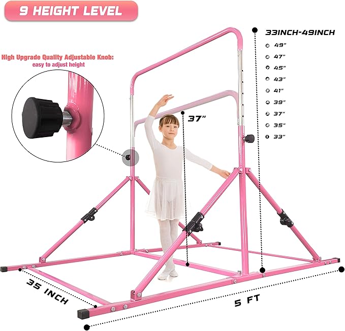 Upgrade Foldable Gymnastic Bar with Mat for Kids 3-12, 200 200 lbs
