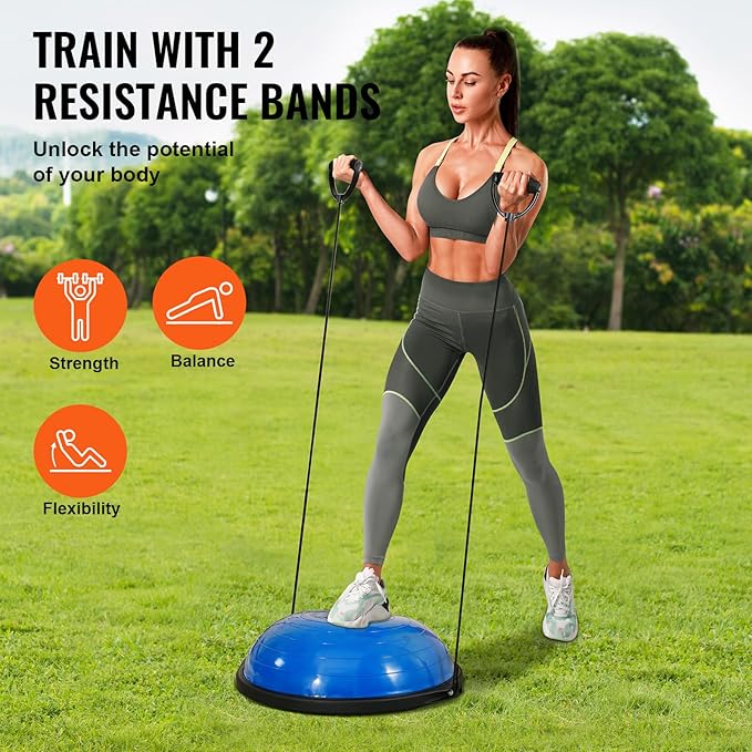 VEVOR Half Exercise Ball Trainer, 23/26 inch Balance Ball Trainer, 1500lbs Capacity Stability Ball, Yoga Ball with Resistance Bands & Foot Pump, Strength Fitness Ball for Home Gym Full Body Workout Black