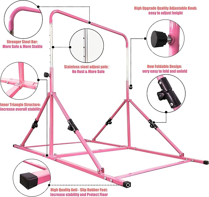 Upgrade Foldable Gymnastic Bar with Mat for Kids 3-12, 200 200 lbs