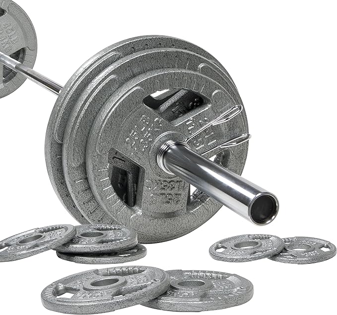 Signature Fitness Cast Iron Olympic 2-Inch Weight Plates Including 7FT Olympic Barbell, 130-Pound, 300-Pound or 325-Pound Set, Multiple Packages