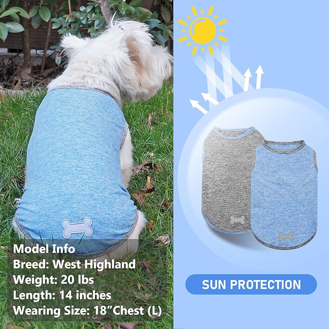 KYEESE 2 Pack Dog Shirts Quick Dry Soft Stretchy Pet T-Shirts with Reflective Label Tank Top Sleeveless Vest Sun Protection Dog Clothes for Small Dogs, Medium, Light Blue+Grey
