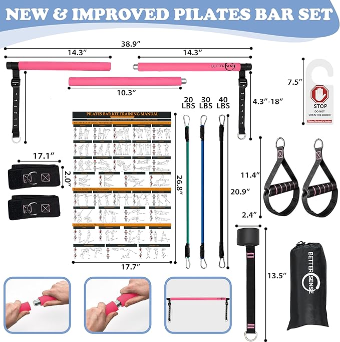 Upgraded Pilates Bar Kit – 39” Adjustable Exercise 6X 20, 20, 30, 30, 40 40 lbs