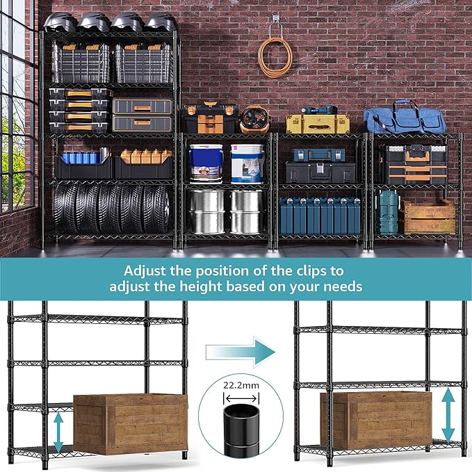 Steel Storage Shelving 5-Tier Utility Shelving Unit with Wheels, Steel Organizer Wire Rack for Home,Kitchen,Office,Garage, 1750 LBS Capacity 17.7" D x 47.2" W x 76.7" H