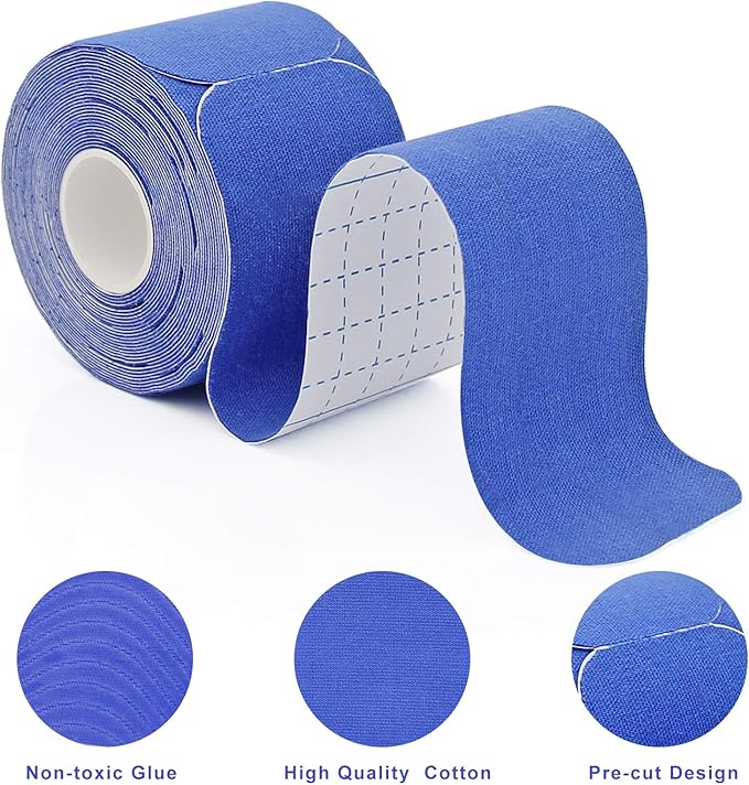 MUEUSS Kinesiology Tape Elastic Cotton Athletic Tape Precut Strips,Waterproof Tape for Protects Muscles,Knees,Shoulders Plantar Fasciitis Pain Relief,Pregnancy Belly Tape (2rolls Dark Blue&Light Blue)