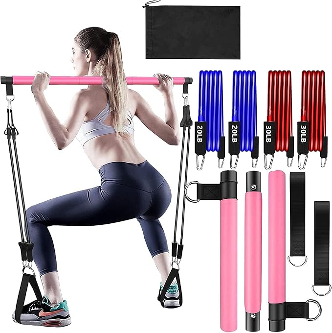 Pilates Bar Kit Perfect for Home Office Gym 4Pcs Resistance 3Pcs Adjustable 2Pcs Feet (10Pcs Set)