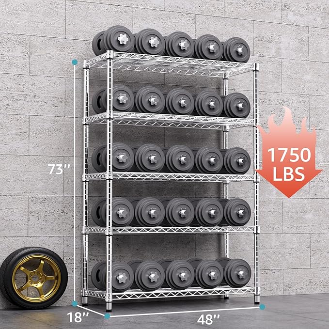 Steel Storage Shelving 5-Tier Utility Shelving Unit Steel Organizer Wire Rack for Home,Kitchen,Office,Garage, 1750 LBS Capacity 17.7" D x 47.2" W x 72.3" H