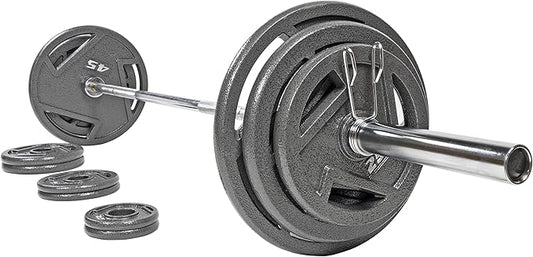 Signature Fitness Cast Iron Olympic 2-Inch Weight Plates Including 7FT Olympic Barbell, 130-Pound, 300-Pound or 325-Pound Set, Multiple Packages