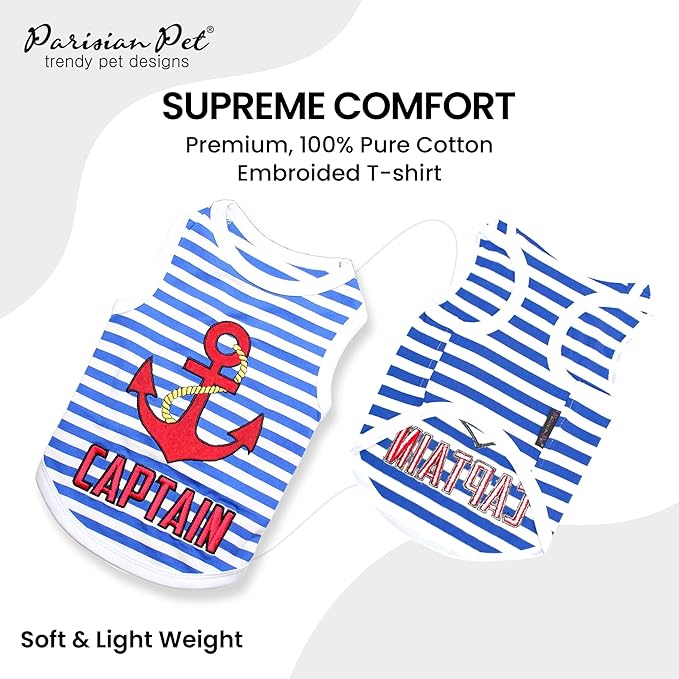 Parisian Pet Unisex Dog Tshirt - Embroidered “ Captain “ Dog Shirt - Breathable and Lightweight Tank Top - Machine Washable Tee Shirts for Small Dogs - S