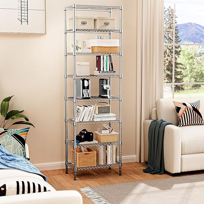 MZG 8 Tier 2000 lbs Storage Rack Metal Wire Shelving Unit, Storage Standing Shelf Organizer for Laundry Bathroom Kitchen Pantry Closet Garage Basement Utility Room, Chrome 13.8" D x 23.6" W x 79.5" H