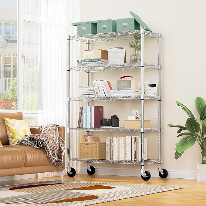 Steel Storage Shelving 5-Tier Utility Shelving Unit with Wheels, Steel Organizer Wire Rack for Home,Kitchen,Office,Garage,17.7" D x 47.2" W x 76.7" H-Chrome
