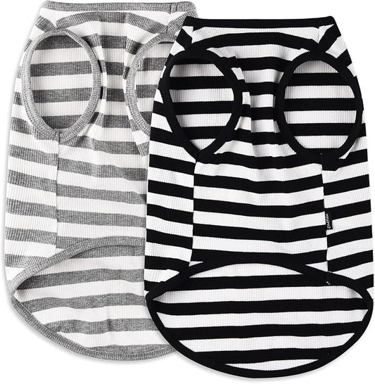 Dog Shirt Striped Clothes Stretchy Vests for Small Medium Large Dogs Boy Girl Cat Apparel Soft Cotton Puppy T-Shirts Lightweight Pet Tank Top Kitten Outfit Pack-2 Black & Light Grey L