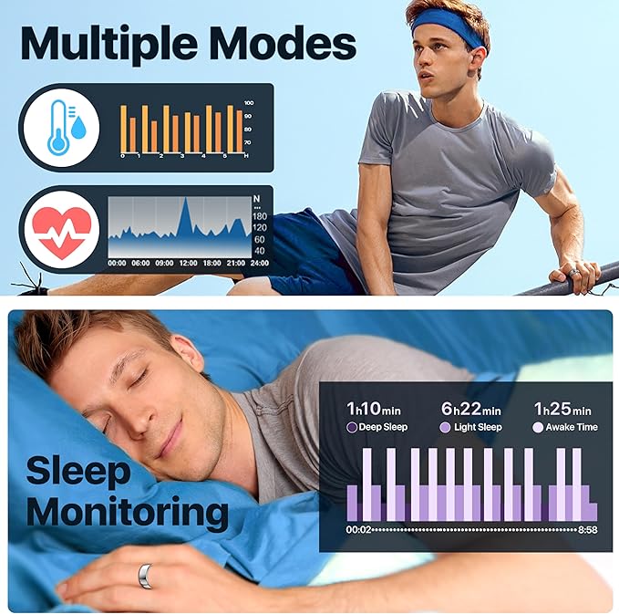 Smart Ring Health Tracker - 24/7 Fitness & Sleep Tracking with Heart Rate Monitor, IP68 Waterproof Activity Tracker for Men/Women, 50+ Workout Modes, 7-Day Battery