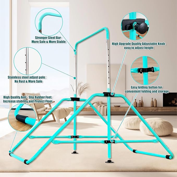 Upgrade Foldable Gymnastic Bar with Mat for Kids 3-12, 200 200 lbs