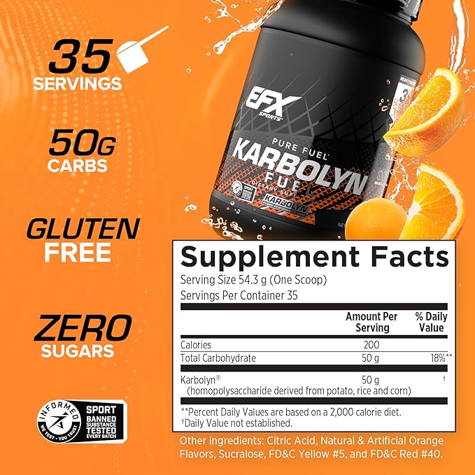 EFX Sports Karbolyn Fuel | Fast-Absorbing Carbohydrate Powder | Carb Load, Sustained Energy, Quick Recovery | Stimulant Free | 35 Servings (Orange)
