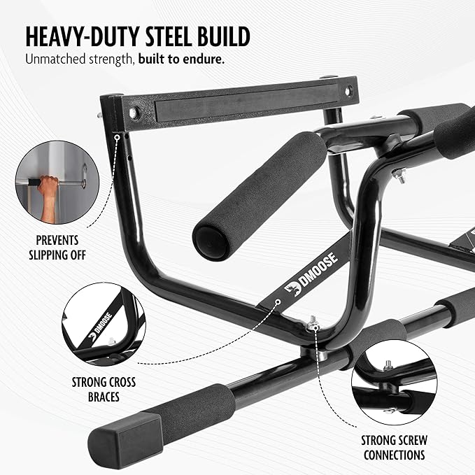 DMoose Fitness Pull Up Bar for Doorway - Upto 250 Lbs Capacity, No Screwing or Slipping, Hanging Pullup & Chin Up Bar for Door Frame - Padded Grips for Strength Training - Installation Guide Included