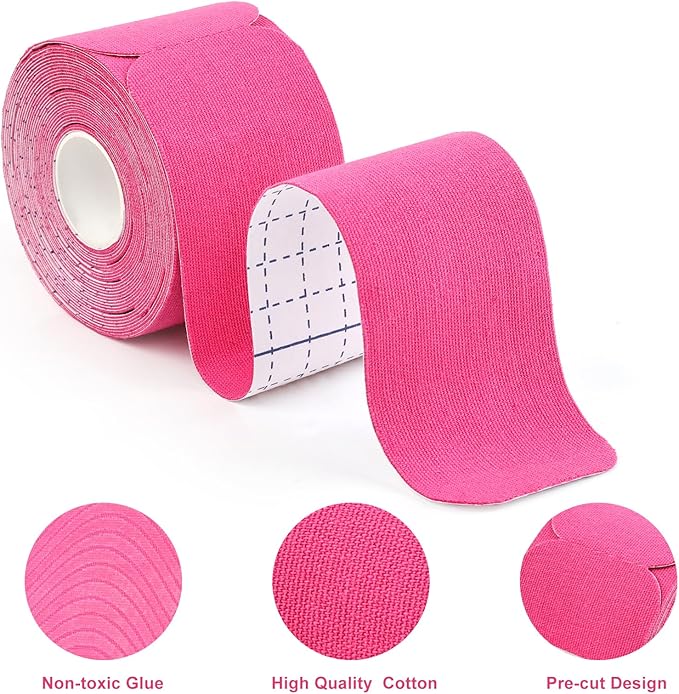 MUEUSS Kinesiology Tape Elastic Cotton Athletic Tape Precut Strips,Waterproof Tape for Protects Muscles,Knees,Shoulders Plantar Fasciitis Pain Relief,Pregnancy Belly Tape (2rolls Pink&Beige)
