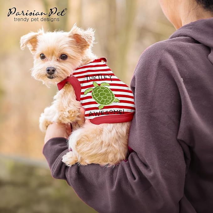 Parisian Pet Dog Tshirt - Embroidered “ Turtley Awesome! “ Dogs Clothes - Breathable and Lightweight Dog Tank Top - Sleeveless Red Doggy Tee Shirts - Machine Washable Shirts for Small Dogs - XS