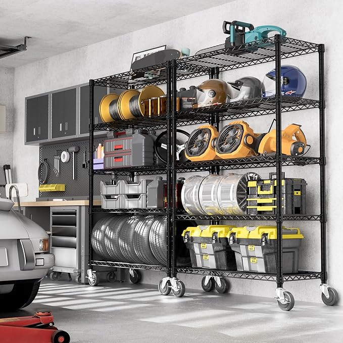 Steel Storage Shelving 5-Tier Utility Shelving Unit with Wheels, Steel Organizer Wire Rack for Home,Kitchen,Office,Garage, 1750 LBS Capacity 17.7" D x 47.2" W x 76.7" H