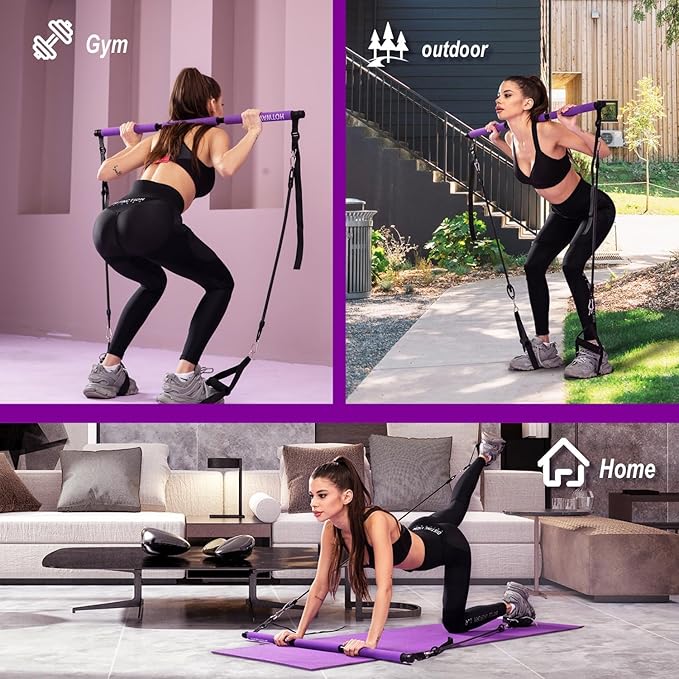 Ultimate Pilates bar kit.Multiple Fitness bar with Resistance Bands, Ab Rollers. Core Strength Training Equipment. Squat Machine for Men and Women. Portable Home Gym