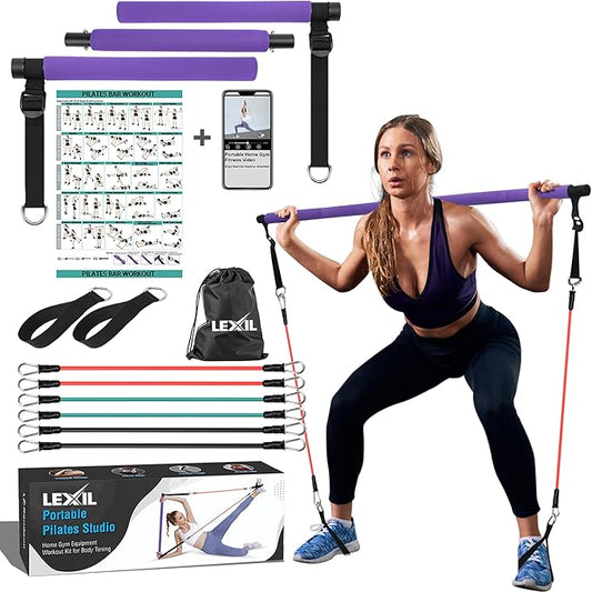 LEXIL Portable Pilates Bar Exercise Kit-Stackable 3 Pairs (15, 20, 20, 30LB) 30LB) -