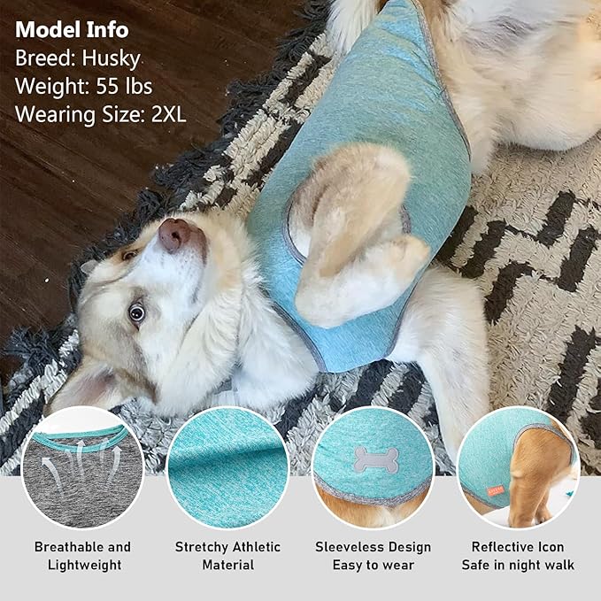 KYEESE 2 Pack Dog Shirts Quick Dry Soft Stretchy Sun Protection Pet T-Shirts with Reflective Label Tank Top Sleeveless Vest Dog Clothes for Small Medium Dogs, XX-Large, Grey+Blue