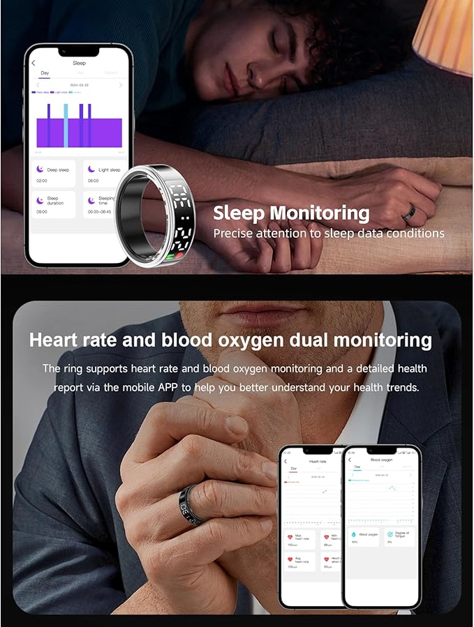 Smart Ring, Health Tracker Ring with Multifunction Display, Fitness Tracking Heart Rate Sleep Tracker Pedometer Ring, App Support, IP68 Water Proof, with Charging Case (9)