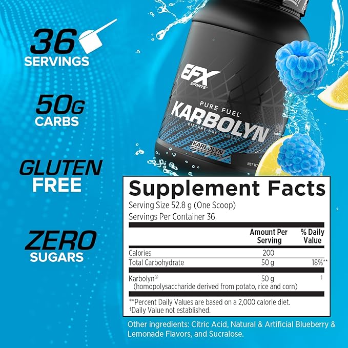 EFX Sports Karbolyn Fuel | Fast-Absorbing Carbohydrate Powder | Carb Load, Sustained Energy, Quick Recovery | Stimulant Free | 36 Servings (Blueberry Lemonade)