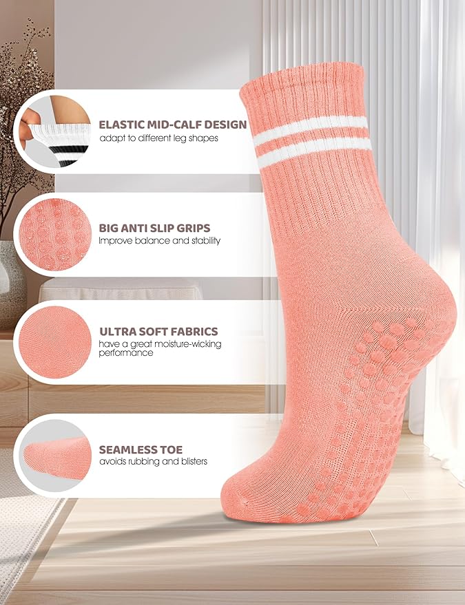 AURUZA 6 Pairs Pilates Grippy Socks with Grips for Women Non Slip Skid Yoga Socks Crew Length for Ballet Home Workout