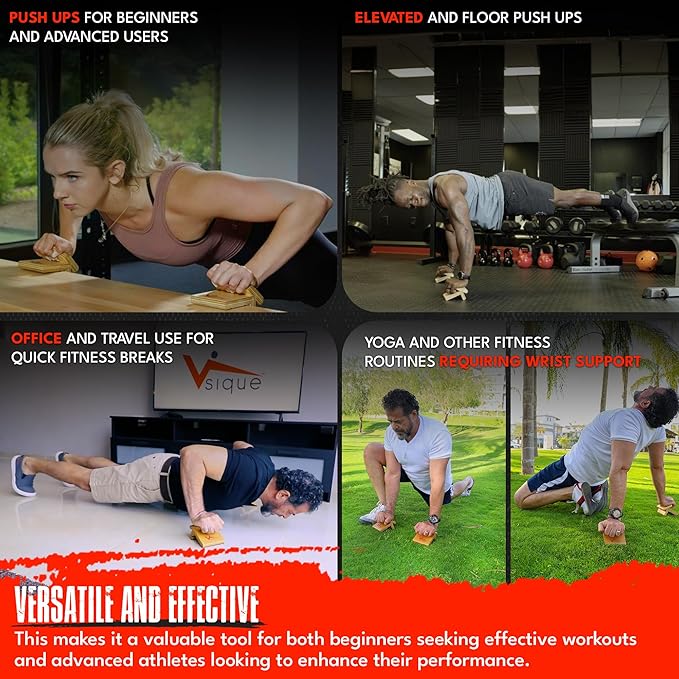 The Vsique Push Up Trainer for Proper Form - Wooden Ergonomic Push Up Grips Reduce Wrist, Joint Strain & Discomfort - Wrist-Friendly Design for All Fitness Levels - Push Up Grips for Floors & Counters