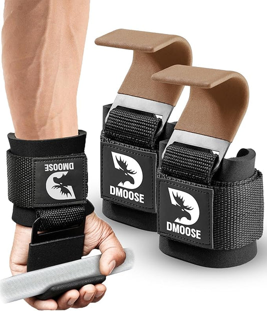 DMoose Fitness Weight Lifting Hooks for Men & Women (Pair) - 8 mm Thick Wrist Padding - Weight Grips for Powerlifting, Shrugs, Rows & Deadlift Support - Gym Lifting Straps with Pull Up Hooks