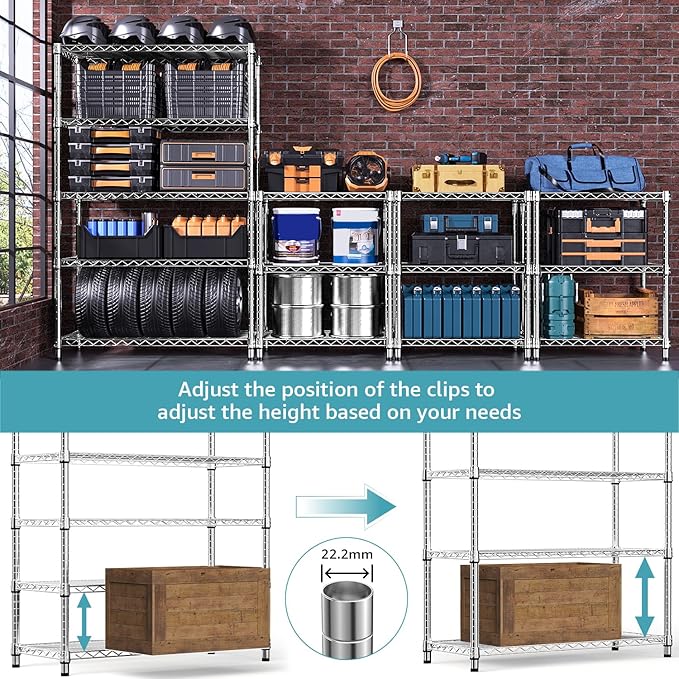 Steel Storage Shelving 5-Tier Utility Shelving Unit Steel Organizer Wire Rack for Home,Kitchen,Office,Garage, 1750 LBS Capacity 17.7" D x 47.2" W x 72.3" H