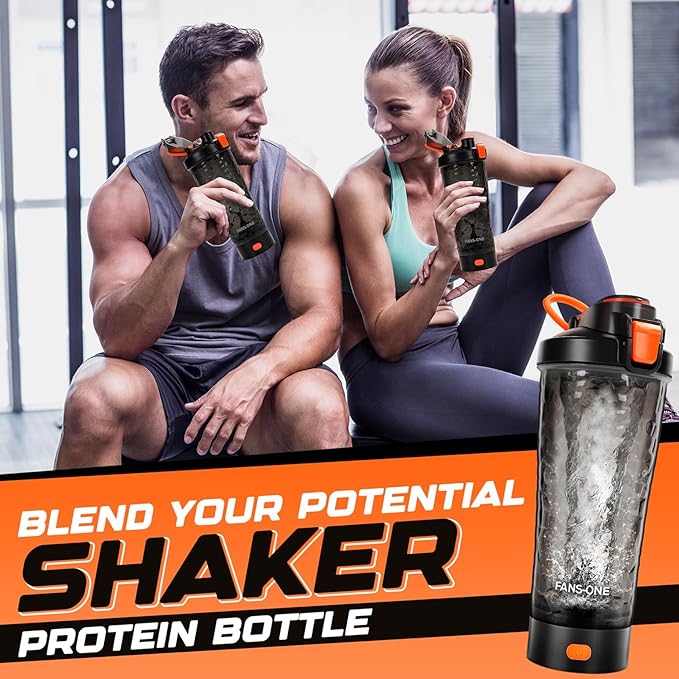 Electric Protein Shaker Bottle, 24oz Lockable Blender Cup Electric Shaker Bottles, Tritan USB Rechargeable Mixer, Portable Shaker Cups for Protein Shakes for Men Women, Black and Orange