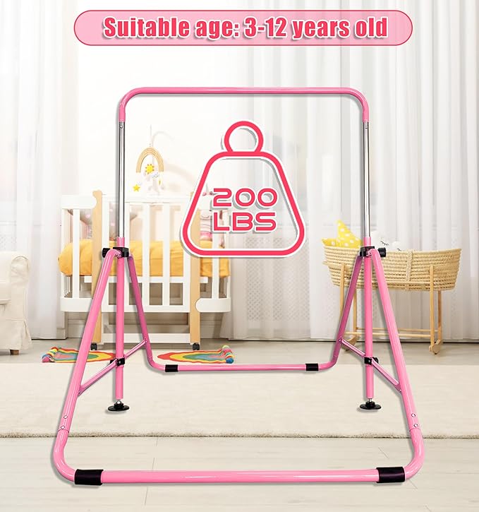 Upgrade Foldable Gymnastic Bar with Mat for Kids 3-12, 200 200 lbs