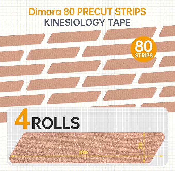 Dimora Kinesiology Tape, 80 Count Precut Strips 4 Rolls, Original Cotton, 10” Elastic Athletic Tape for Muscle Pain Relief and Joint Support, Beige