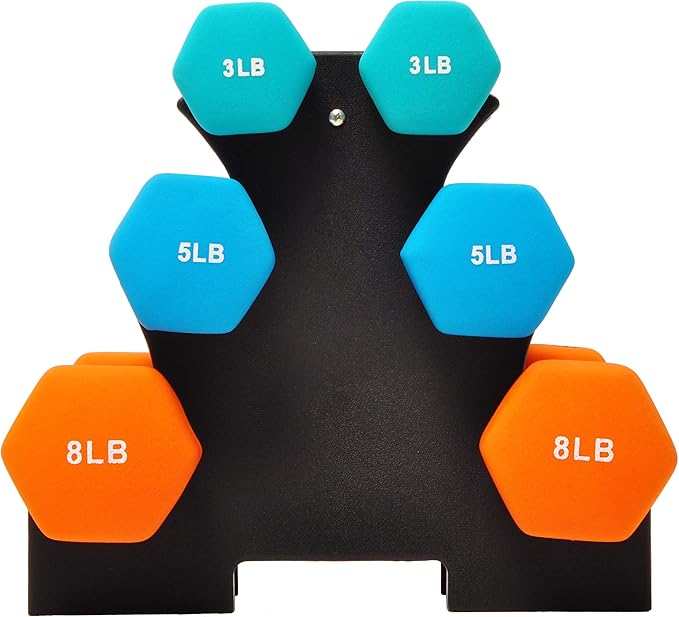 Neoprene Dumbbell Hand Weights, Anti-Slip, Anti-roll, Hex Shape Colorful, Pair or Set with Stand