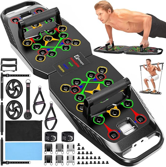 Push UP Board, Pilates Bar & 20 Fitness Accessories with Resistance Bands Ab Roller Wheel, 25 in 1 Foldable Push up Bar at Home Gym, Workout Exercise Equipment for Man and Women-Blackgray