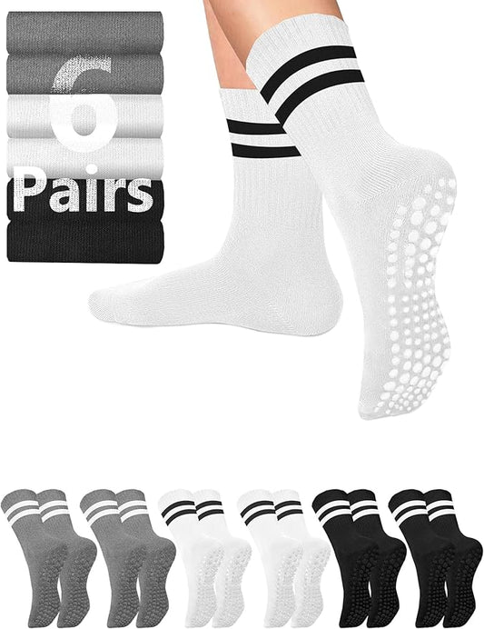 AURUZA 6 Pairs Pilates Grippy Socks with Grips for Women Non Slip Skid Yoga Socks Crew Length for Ballet Home Workout