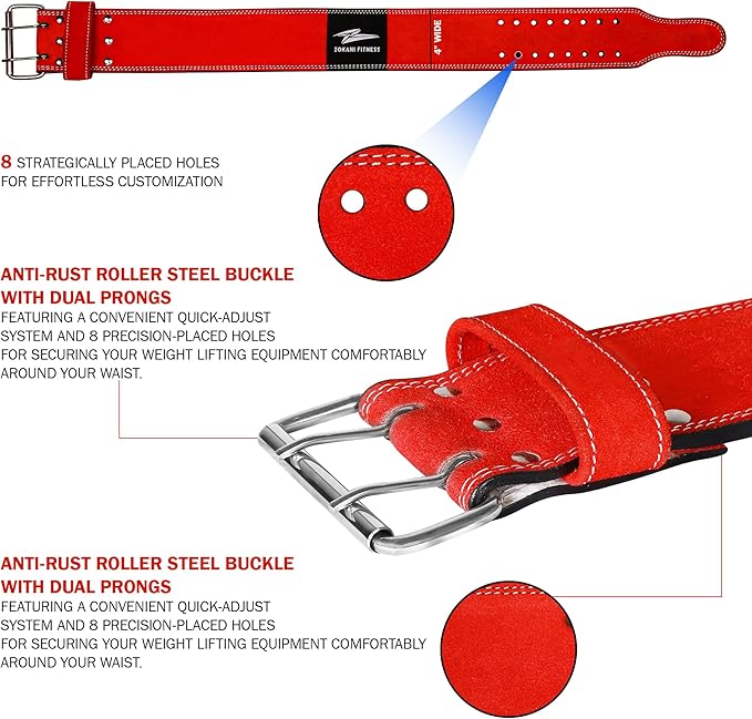 Zokani Thick Leather Weight Lifting Belt - 6MM 4-Inch Wide, 100% Leather 24" - 32", suede