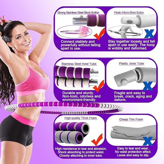 Weighted Fitness Hoop for Adults Kids Women 2lb ~ 5lb, 8 8 Detachable