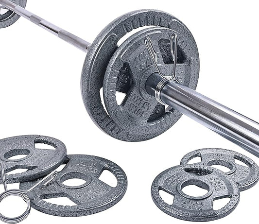 Signature Fitness Cast Iron Olympic 2-Inch Weight Plates Including 7FT Olympic Barbell, 130-Pound, 300-Pound or 325-Pound Set, Multiple Packages