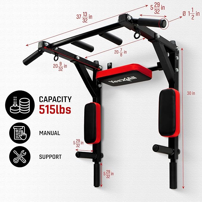 Yes4All Multifunctional Wall Mounted Pull Up Bar Chin 515 lbs