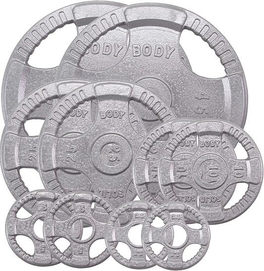 Body-Solid Cast Iron Olympic Quad Grip Design Weight Plate Set - Free Weights, Dumbbell Plates, 2 Inch Standard Hole for All Barbell Types
