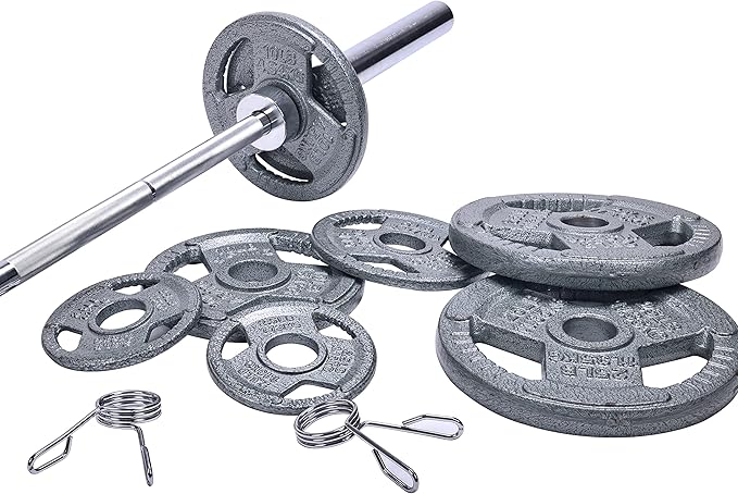 Signature Fitness Cast Iron Olympic 2-Inch Weight Plates Including 7FT Olympic Barbell, 130-Pound, 300-Pound or 325-Pound Set, Multiple Packages