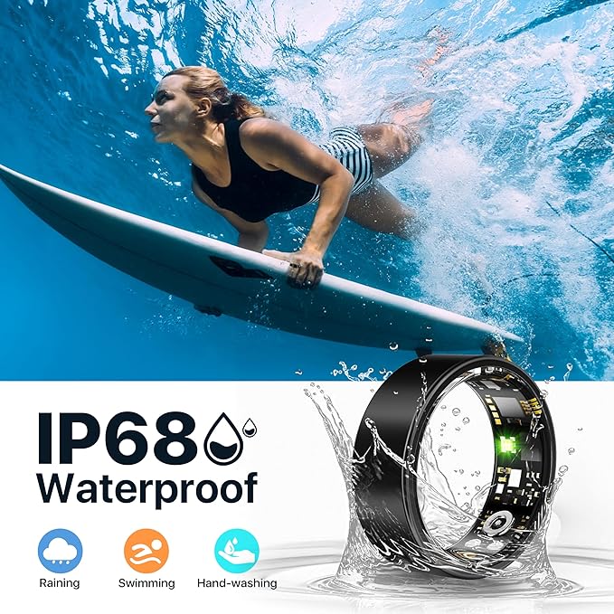 Smart Ring Health Tracker - 24/7 Fitness & Sleep Tracking with Heart Rate Monitor, IP68 Waterproof Activity Tracker for Men/Women, 50+ Workout Modes, 7-Day Battery