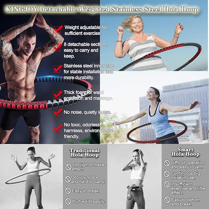 Weighted Fitness Hoop for Adults Kids Women 2lb ~ 5lb, 8 8 Detachable