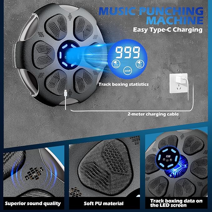 Music Boxing Machine, Wall Mounted Boxing Machine for Adults Kids, Bluetooth Smart Boxing Trainer with Boxing Gloves, Electronic Boxing Workout Equipment Target for Home Gym, 9 Modes & 9 Speeds