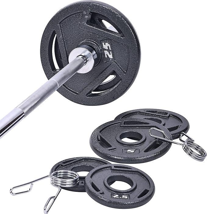 Signature Fitness Cast Iron Olympic 2-Inch Weight Plates Including 7FT Olympic Barbell, 130-Pound, 300-Pound or 325-Pound Set, Multiple Packages